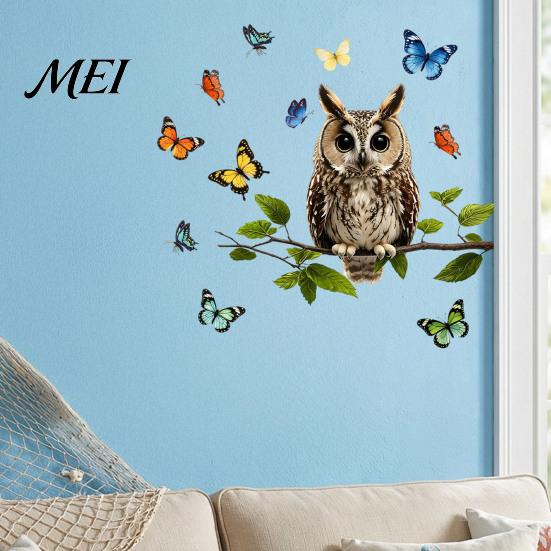 Removable PVC Home Decoration Owl Butterfly Wall Sticker, Forest Animal Illustration Decorative Decals, Seasonal Interior Ornament Waterproof