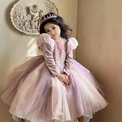 Luxurious Velvet Princess Rapunzel Puff Sleeve Dress for Girls - Autumn/Winter
