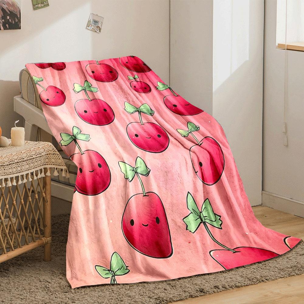 Cute cherries with happy faces and green bows on a pink background. for all seasons blanket lunch break throw gift