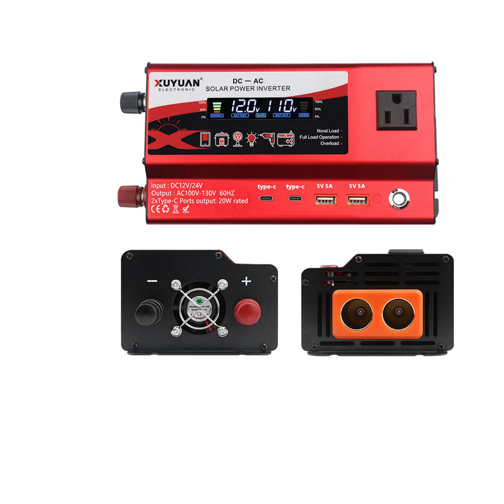 

Автомобильный инвертор 1000 Вт 12 В 24 В Двойной USB Двойной Type C Двойной порт прикуривателя Подсветка ЖК-дисплей