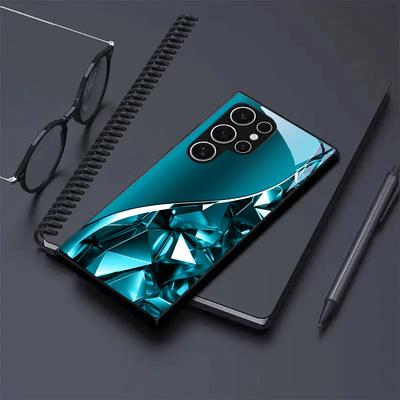 Blue Crystal Geometric Pattern Glass Phone Case Suitable for Samsung Galaxy S26 S25 S24 S23 S22 S21 S20 FE/Ultra/Plus Anti Drop