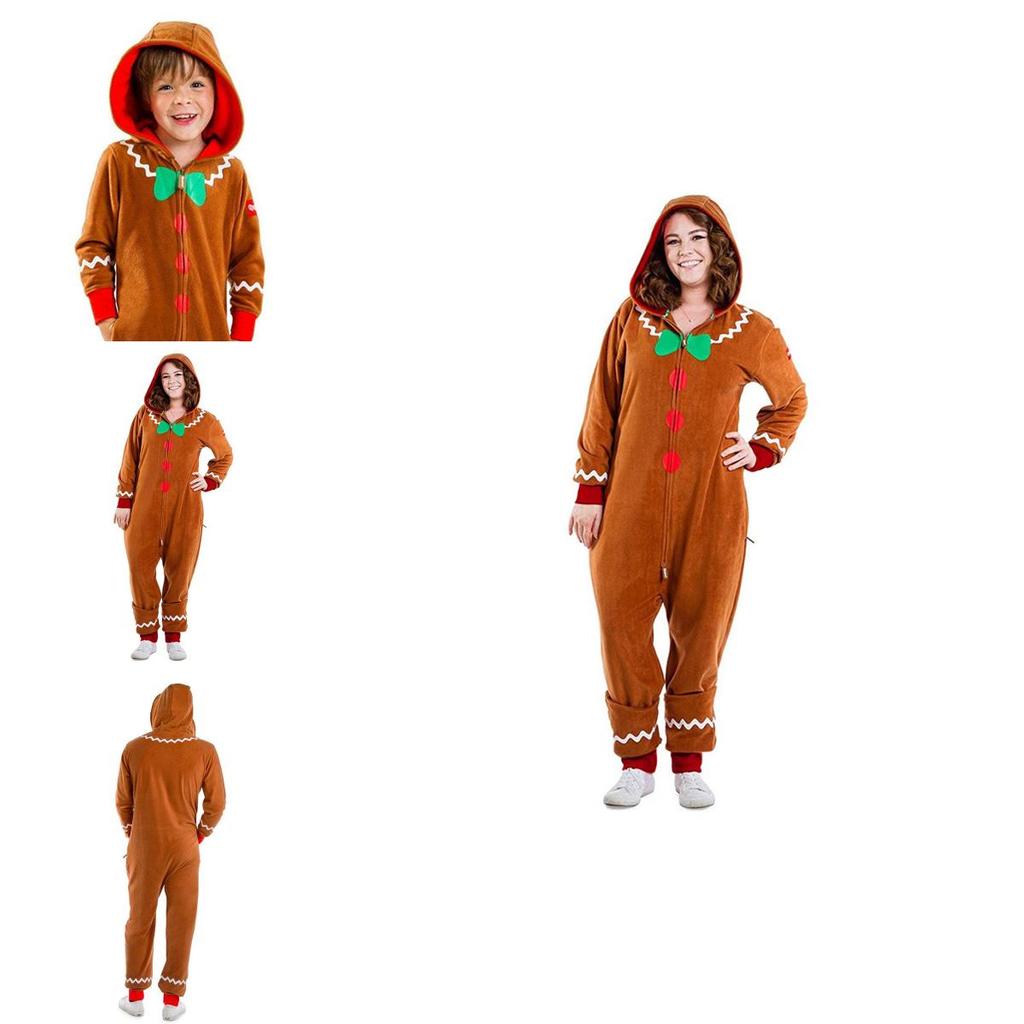 Christmas Gingerbread Man Cosplay Costume Kids Adult Hooded Jumpsuits