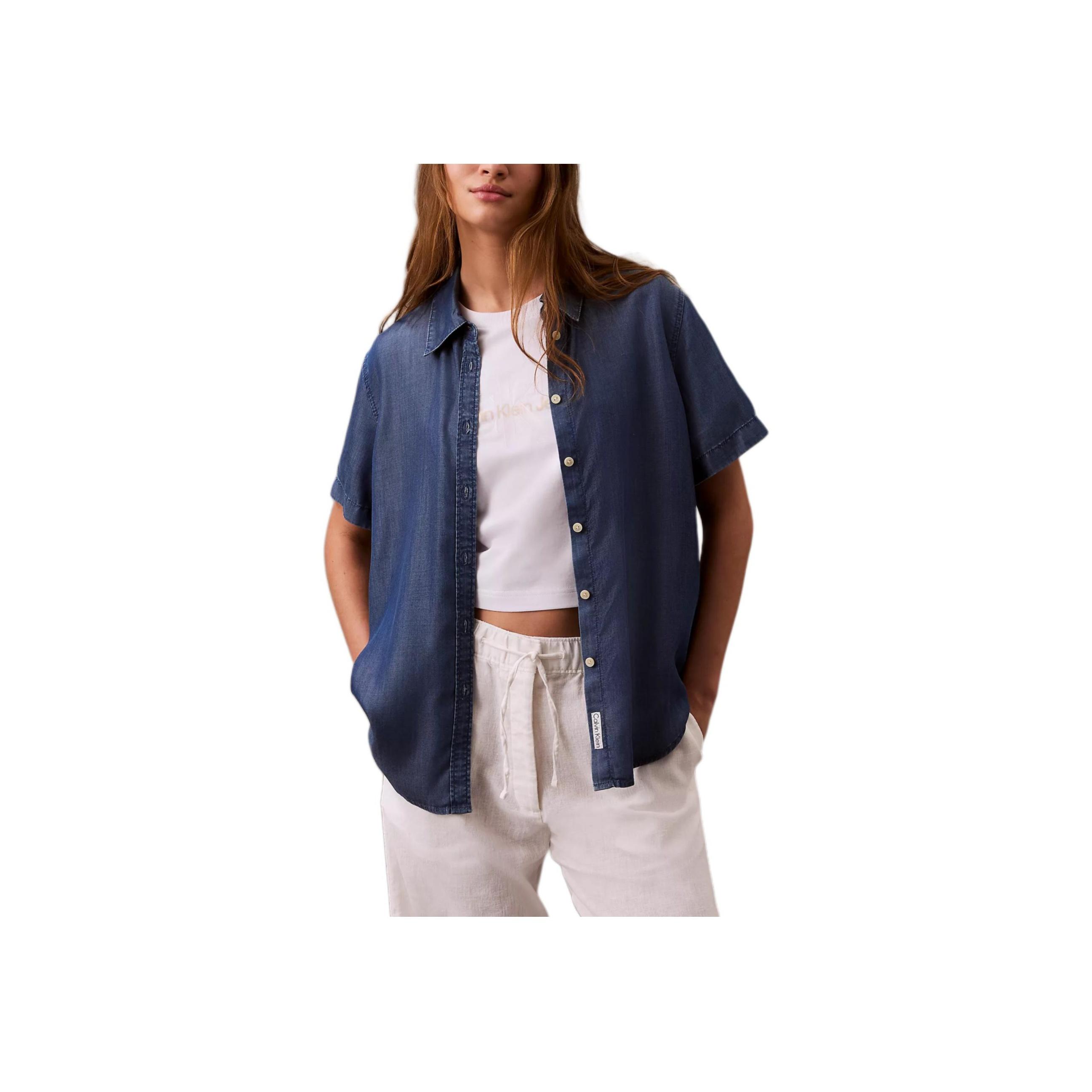 

Calvin Klein Мягкая однотонная рубашка с острым воротником, свободного кроя, с коротким рукавом, женская, синяя 47B937G-420 S