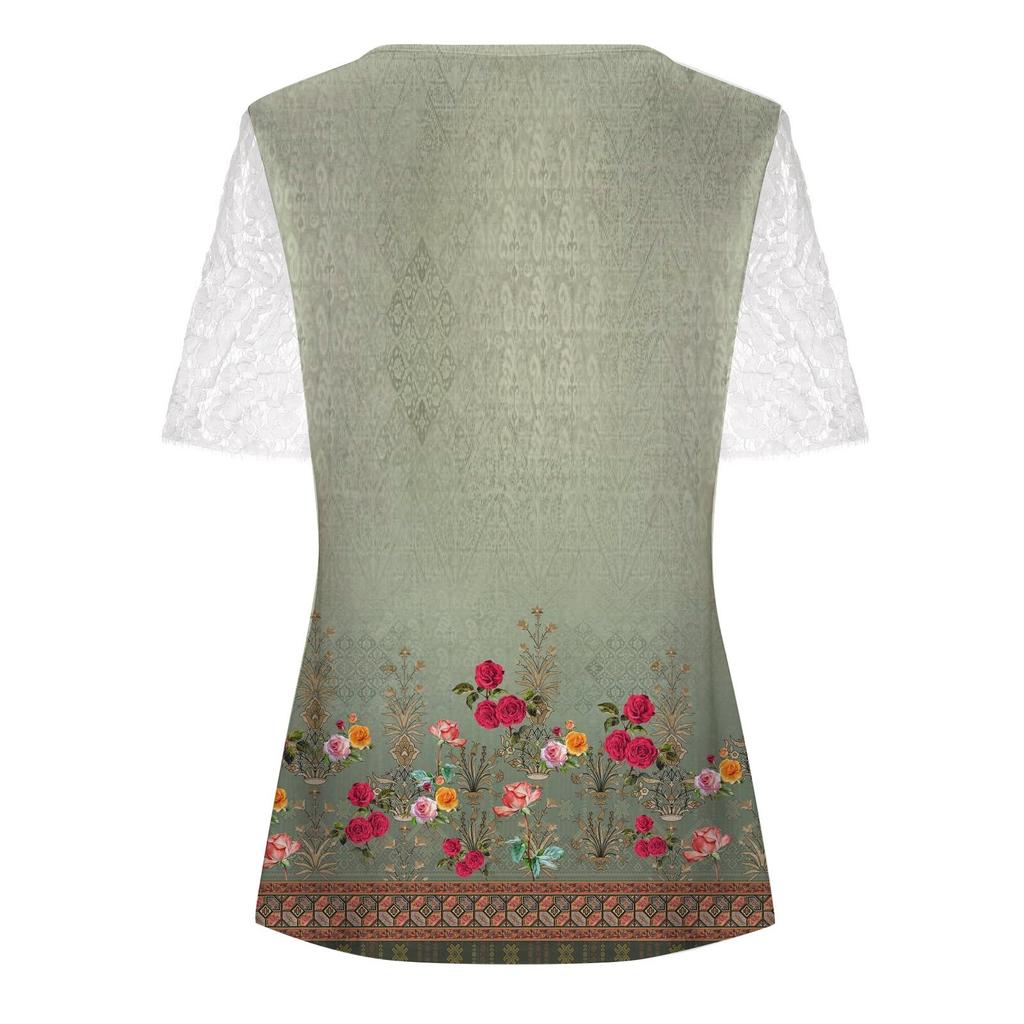 Women's Fashion Casual Lace Sleeve V-Neck Lace Trim Printed Short Sleeve Tops