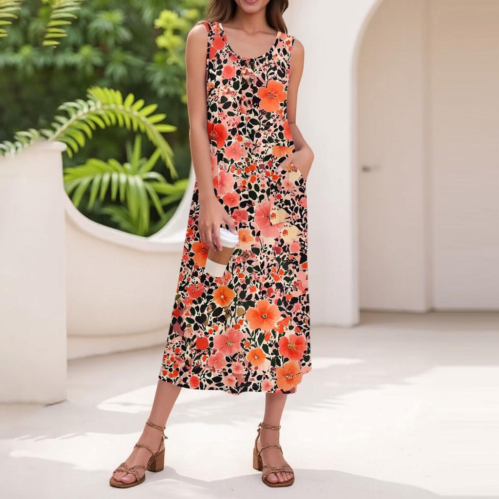 Women's Summer Casual Fashion Floral Print Sleeveless Button Casual Long Dress