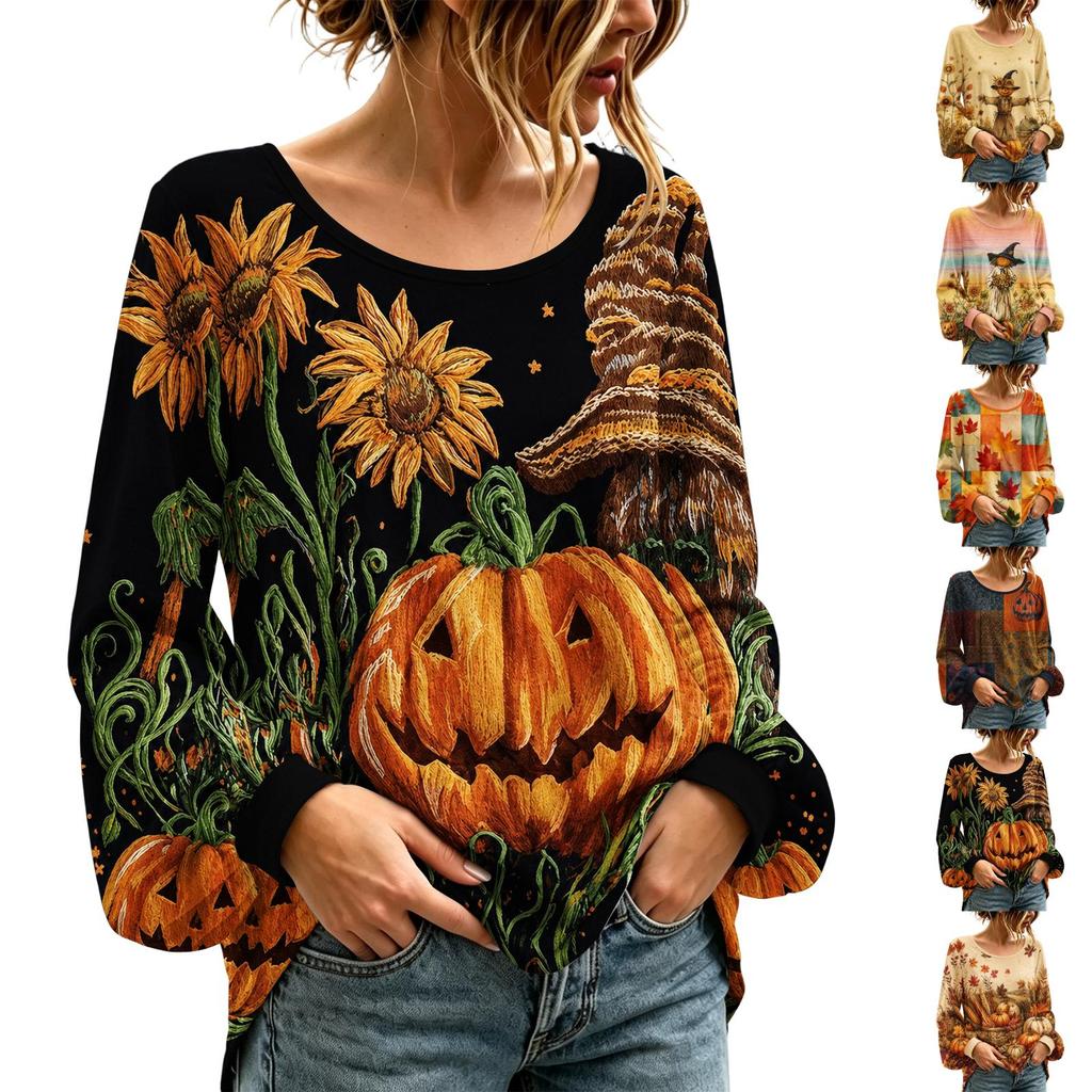Women's Round Neck Long Sleeve Halloween Print Blouse Top for Party Wear