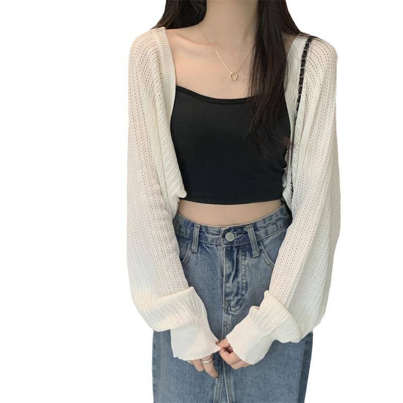 2024 Summer Light Knit Cardigan: Thin Loose Shrug with Lantern Sleeves, Airy Sun Protection Cover-Up, Short Top Jacket.