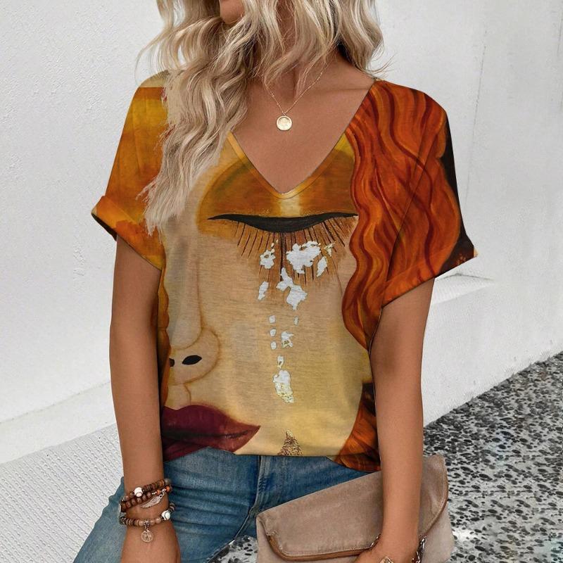 Women's Large Size Short Sleeve V-neck T-Shirt Abstract Face Pattern T-Shirt Fashion Casual Women's Elegant Comfort T-Shirt