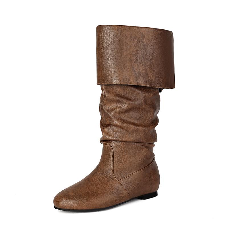 Plus Size Cracked PU Flanged Round Toe Classic Retro Western Boots Autumn New Flat Bottomed Mid-Calf Boots