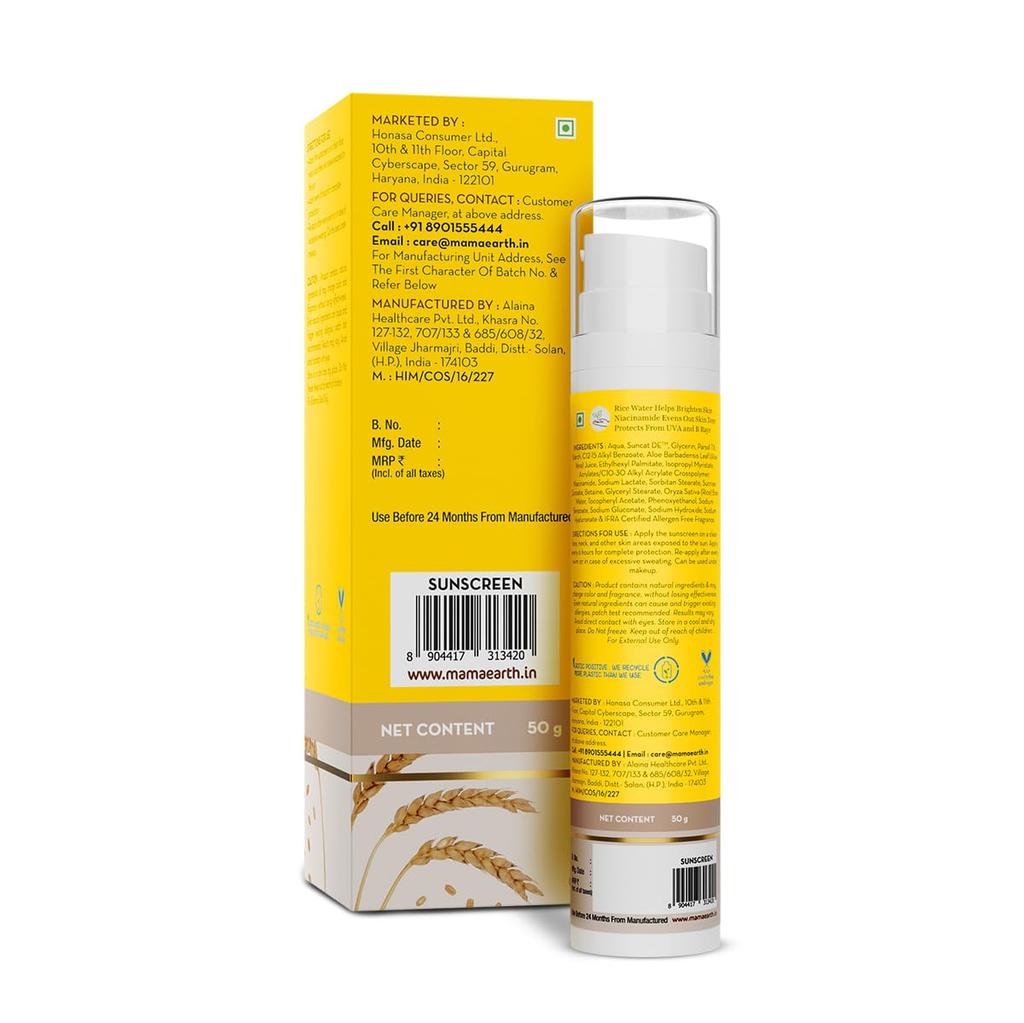 Mamaearth Rice Water Dewy Sunscreen SPF 50 PA++++ For Glass Skin Glow & Tan Protection | No White Cast | 50g | For All Skin Types