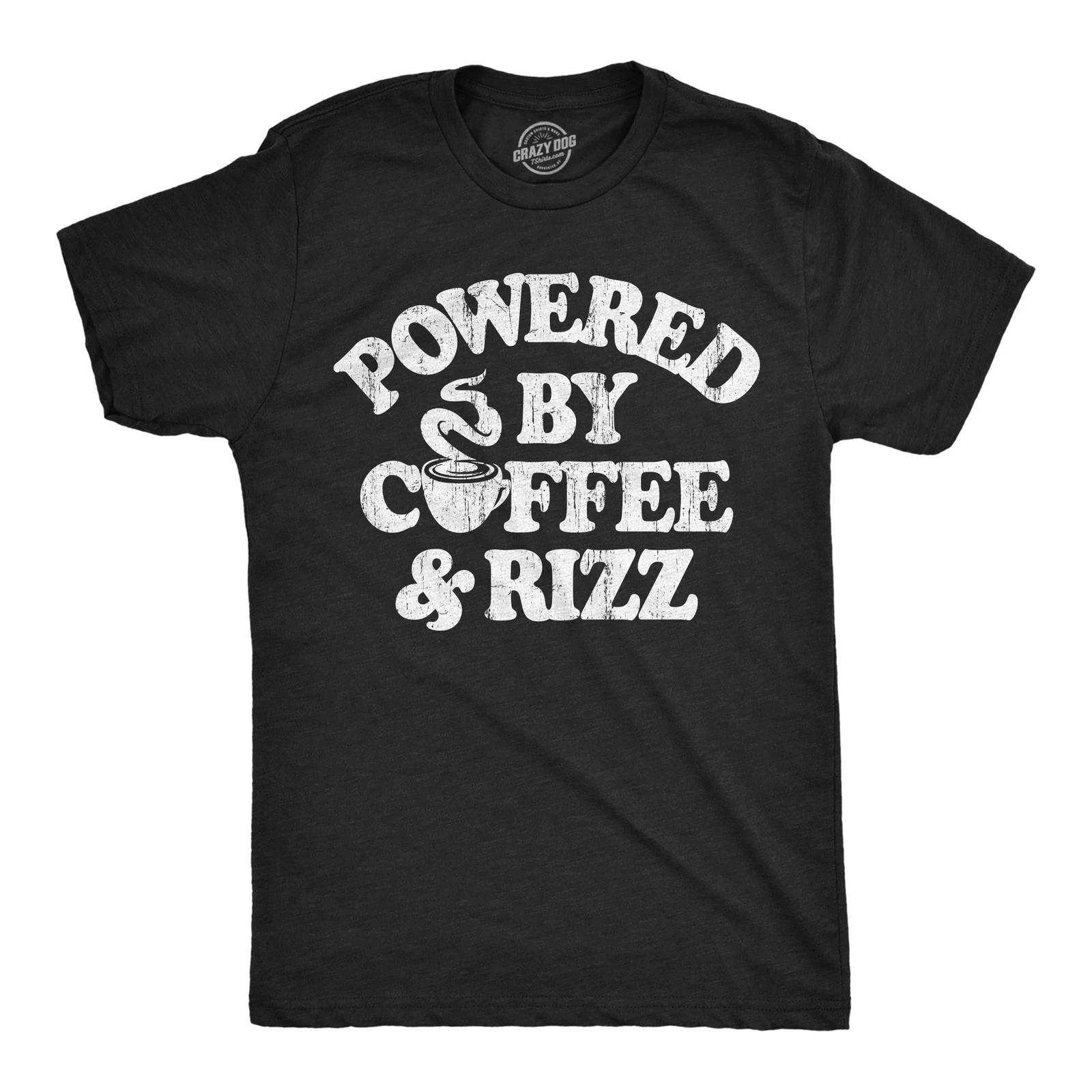 Mens Funny T Shirts Powered By Coffee and Rizz Sarcastic Caffeine Graphic L