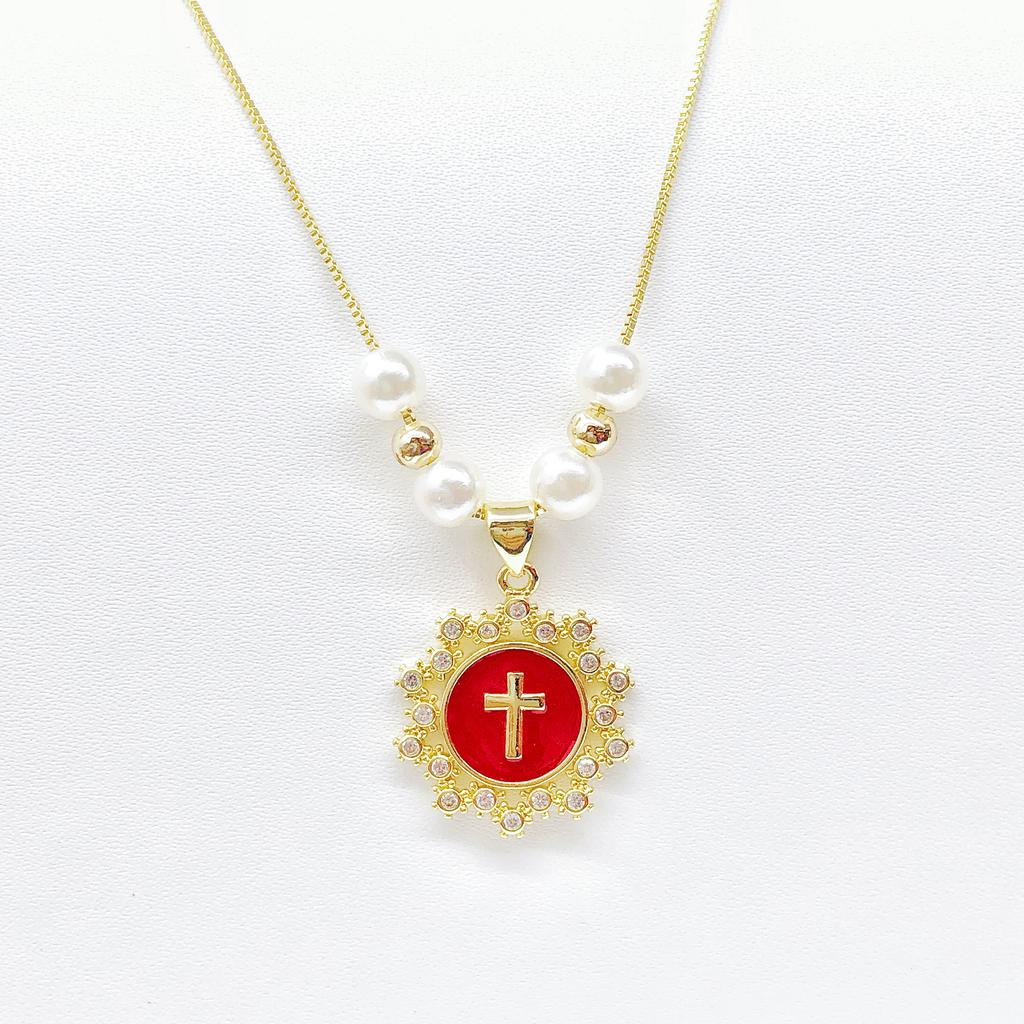 White Black Red Enamel Art Cross Zirconia Pendant Necklace: New Fashion for Women Party Pearl Chain Choker Religious Prayer Gift