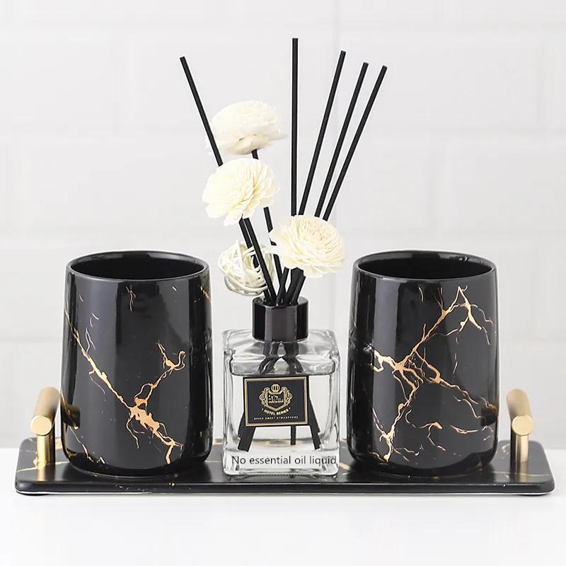 1 set Nordic Bathroom Supplies Golden Marble Pattern Ceramic Lotion Bottle Tray Aromatherapy Decoration Accessories