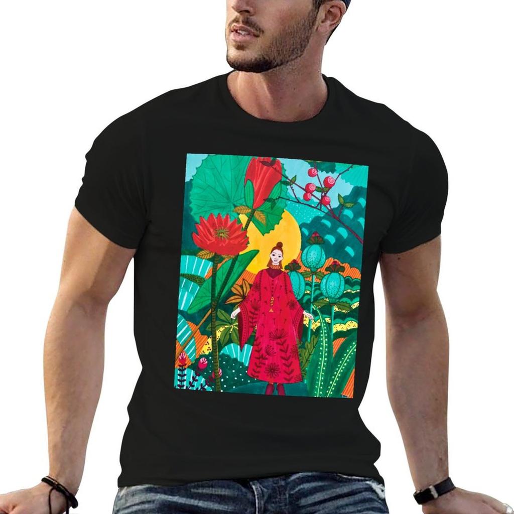 Japanese Princess In Flower Garden Tshirt Classic Crew Neck Cotton Tshirt