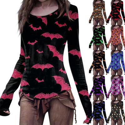 Moda feminina casual Mori Slim manga comprida Halloween estampado gola redonda regular top