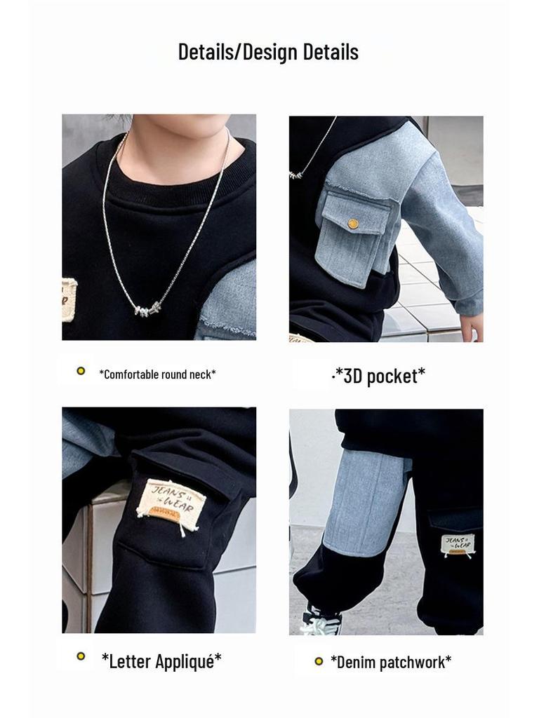 Spring Autumn 2025 Boys' Korean-Style Fleece Denim Set