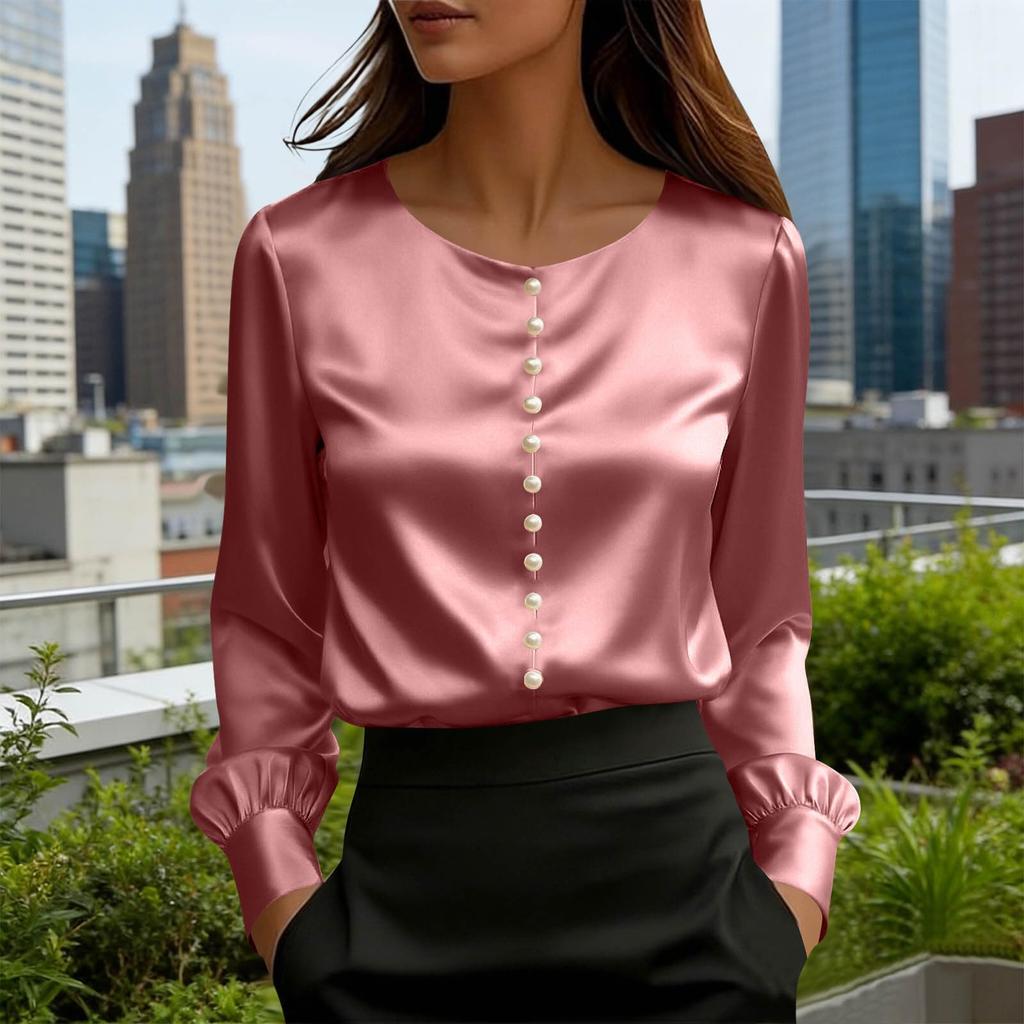 Women's Long-sleeved Satin Color Shirt. Pearl Button Collar. Round Neck Silky Smooth Business Casual Top