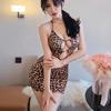 Sexy Short Skirt Leopard Print Halter Bodysuit Nightgown Set for Women Sexy Fun Polyester Fabric Three-Point Style Bodycon