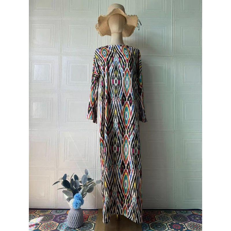 

European and American New Color Stripe Print Loose round Neck Long sleeve dress Striped Printed Dress Color stripes 2XL