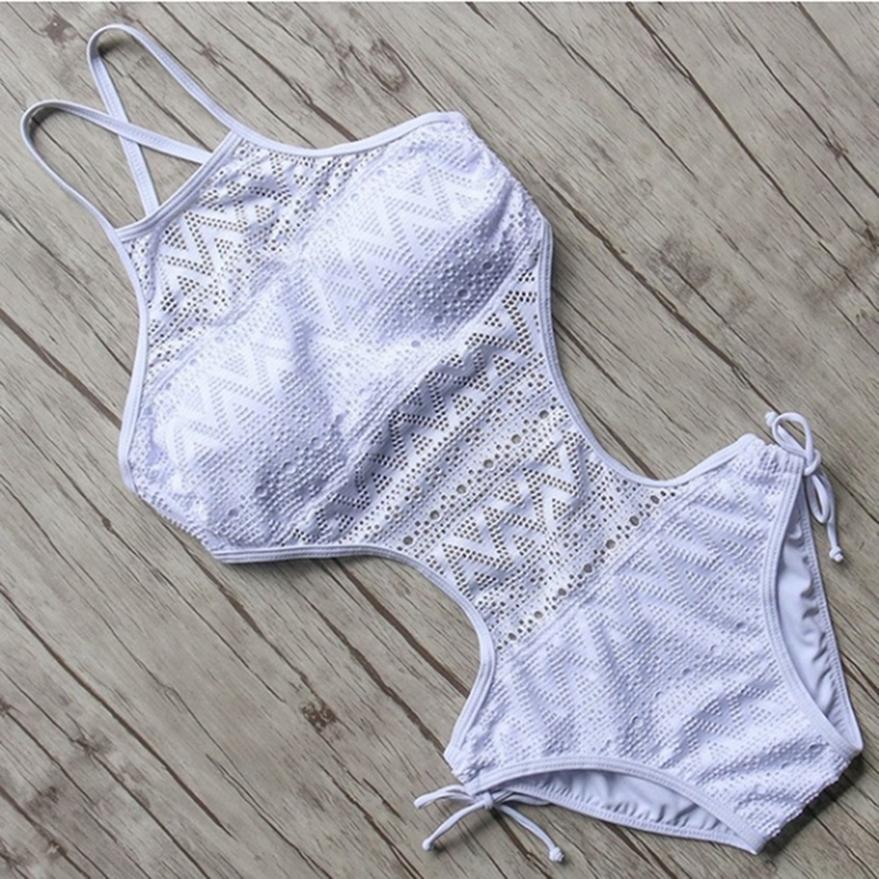 Women Summer Fashion Bikini Lace Bandage Hanging Neck Halter One-piece Swimsuit