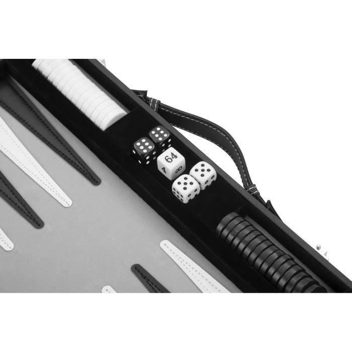 Backgammon 15"; 38 cm, dans Une Valise, Feutre et Simili Cuir surpiqués (Noir/Blanc/Gris)