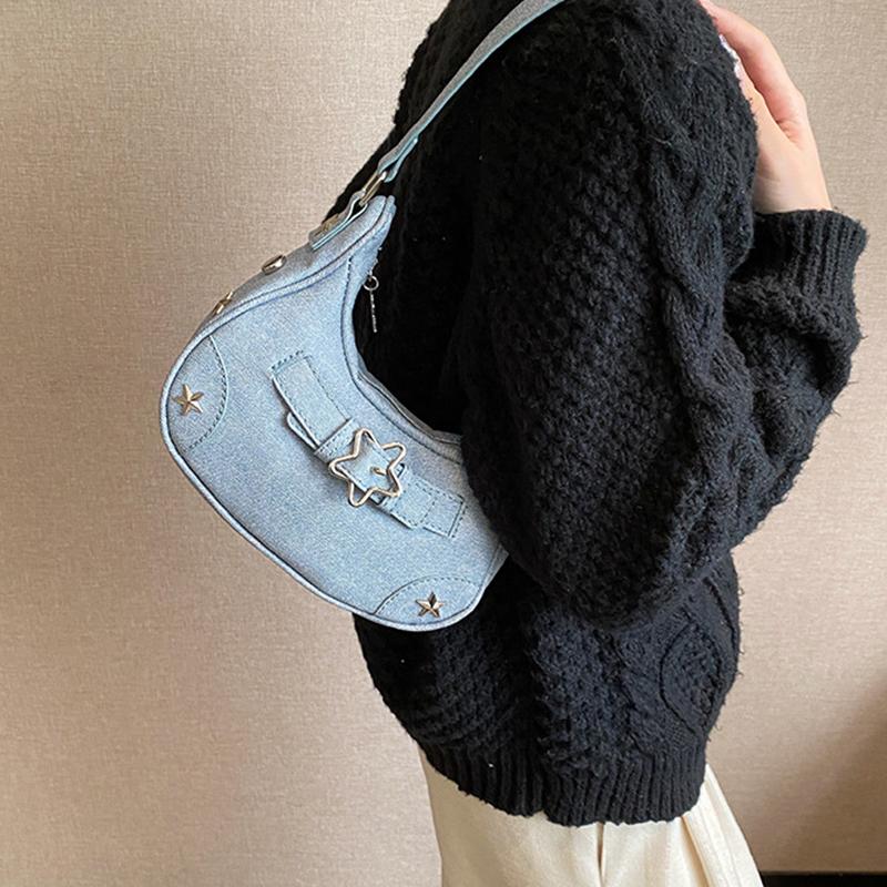 Women Shoulder Handbag Vintage Casual Hobos Denim Star Decor Solid Color Underarm Bag for Girls Ladies Purse Tote