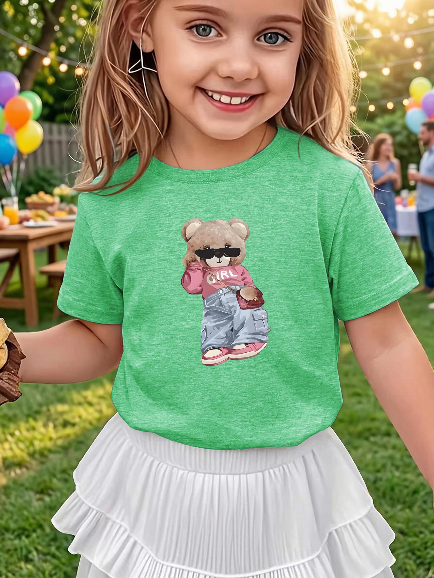 

Spring and summer girls casual sports comfortable short-sleeved T-shirt with pink bear print 100