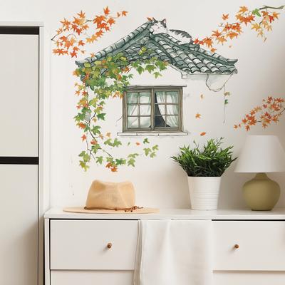2 Pièces Esthétiques Petite Maison Feuilles d'Érable Fond de Maison Stickers Muraux Paysagers