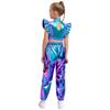 Kids Girls Hip-Hop Jazz Dance Set Mock Neck Rhinestone Mesh Patchwork Sleeveless Metallic Ruffle Crop Top with Shiny Cargo Pants
