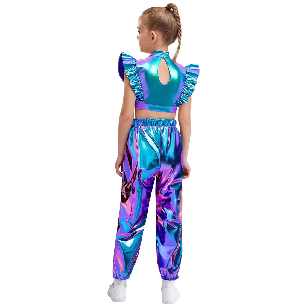 Kids Girls Hip-Hop Jazz Dance Set Mock Neck Rhinestone Mesh Patchwork Sleeveless Metallic Ruffle Crop Top with Shiny Cargo Pants