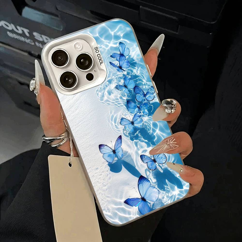 Blue Butterfly Ocean Wave Phone Case For iPhone 17,16,15,14,13,12,11 Plus,Pro Max,XS,white Silver Phone Case