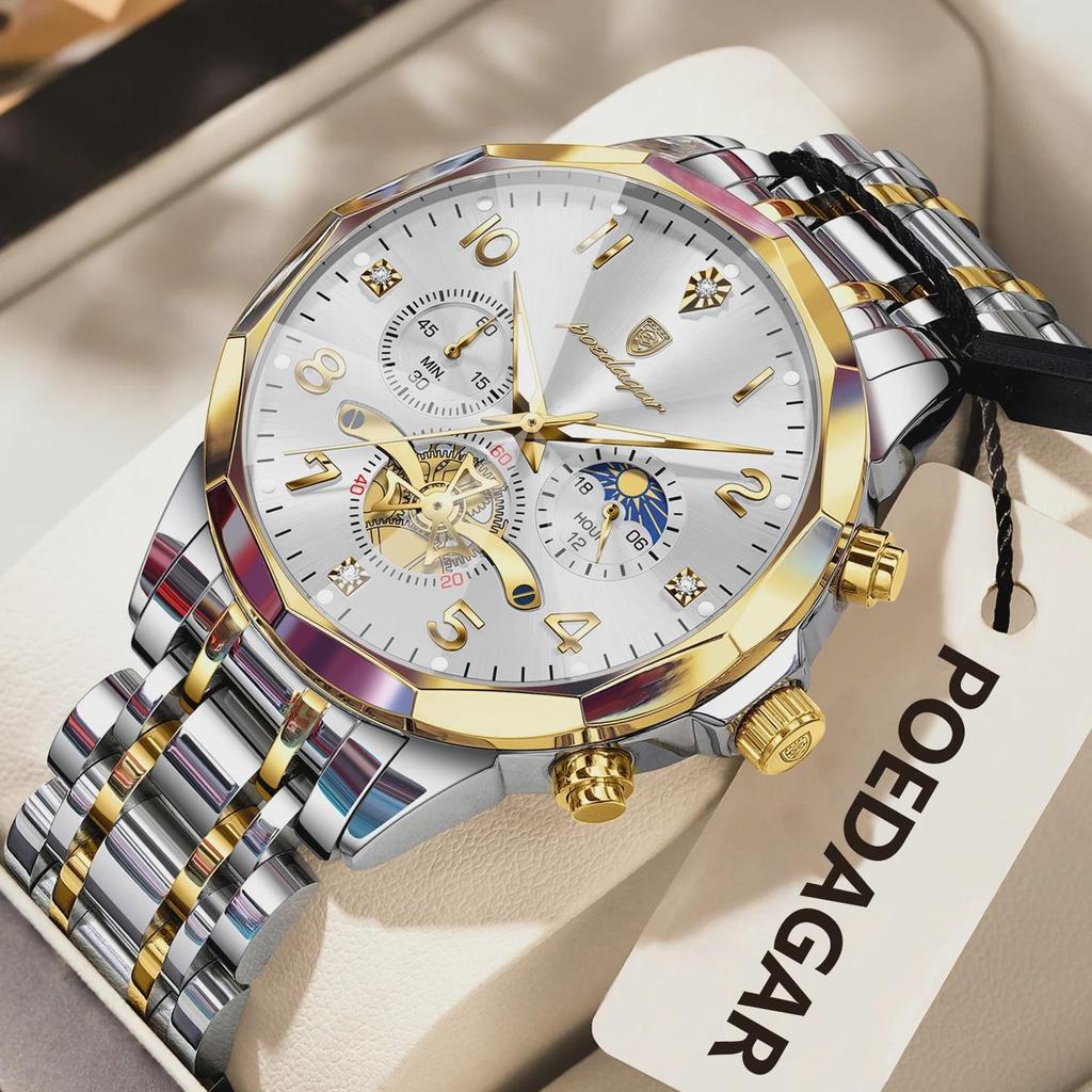 POEDAGAR Exquisite Business Men Watch Waterproof Luminous Chronograph Luxury Man Watches Stainless Steel Men's Quartz Wristwatch