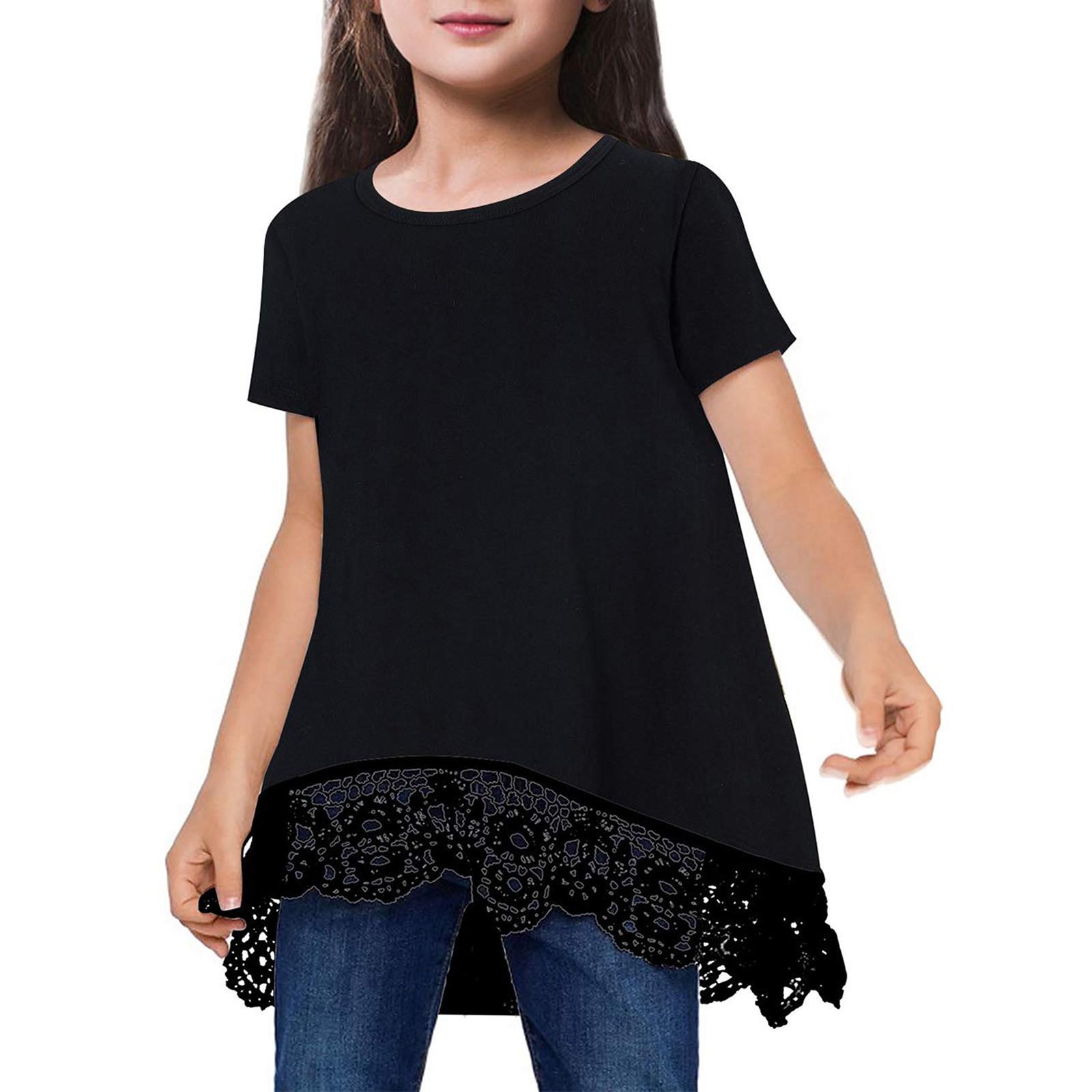 

Одежда для девочек, детская летняя однотонная кружевная повседневная туника, топы, свободные блузки, футболки One size чёрный