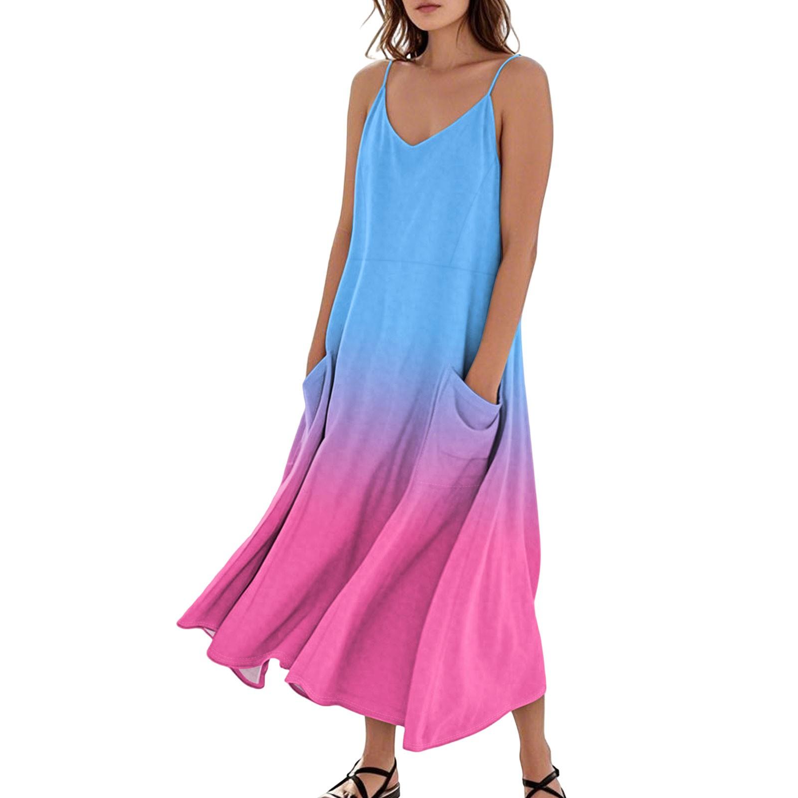Women s Casual V Neck Sleeveless Gradient Print Pocketed Tank Dress Lightweight Summer Midi Dress XXL