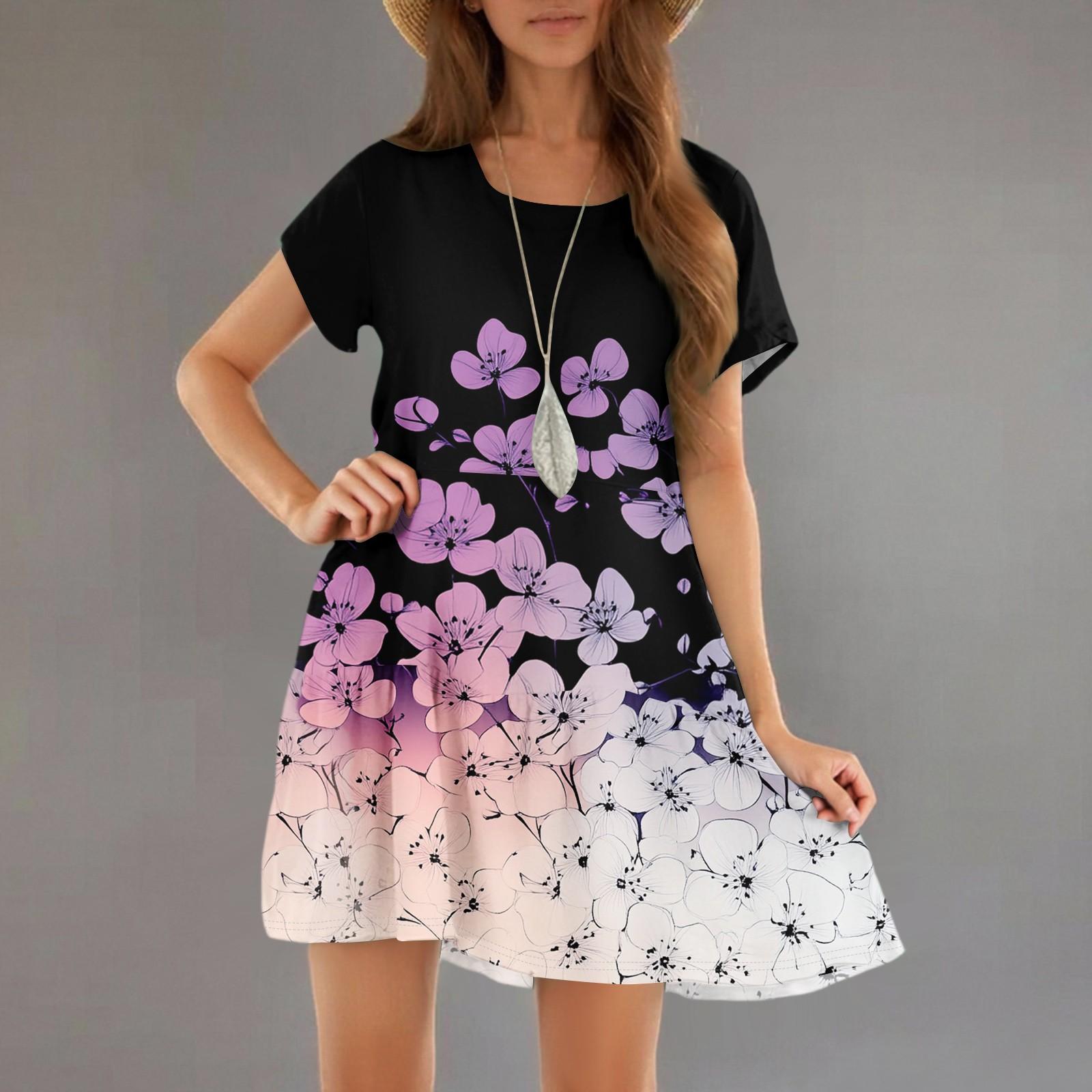 

Women s Fashion Casual Round Neck Short Sleeve Ruffle Gradient Printed Dresses S фіолетовий
