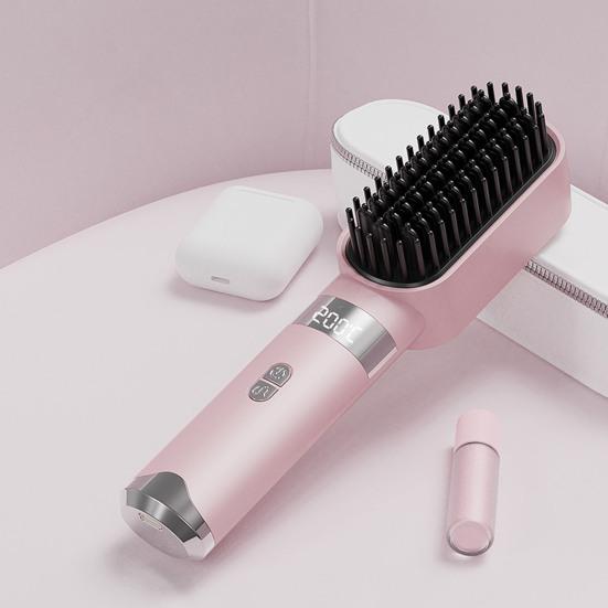 Cordless Hair Straightener Brush 4 Temperature Modes Adjustable LED Display Fast Heating Portable Travel Electric Hot Brush Curly Hair Styling
