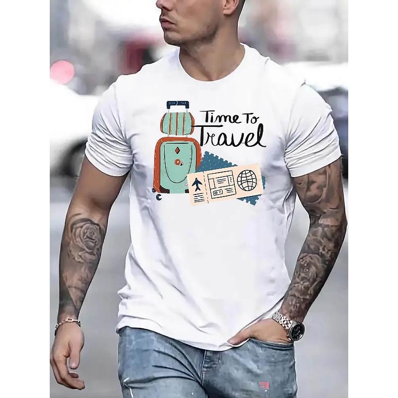 

European Size Creative Suitcase Letter Pattern Print Men S Stylish Trendy Round Neck Short Sleeve T-Shirt, Casual And Comfortable Lightweight Top S белый