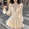 Plus-Size Sexy Long-Sleeve Bubble Pleated Short Dress for Women