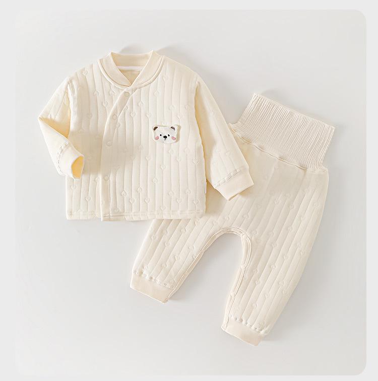 Newborn Quilted Three-Layer Pajama Set: High-Waist, Partial Opening Belly Protection Top & Pants for Autumn