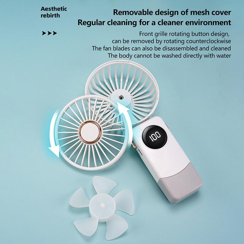 Portable Handheld Personal Rechargeable Fan Led Digital Display 90°Adjustable Rechargeable Fan 5 Speed Wind With Lanyard
