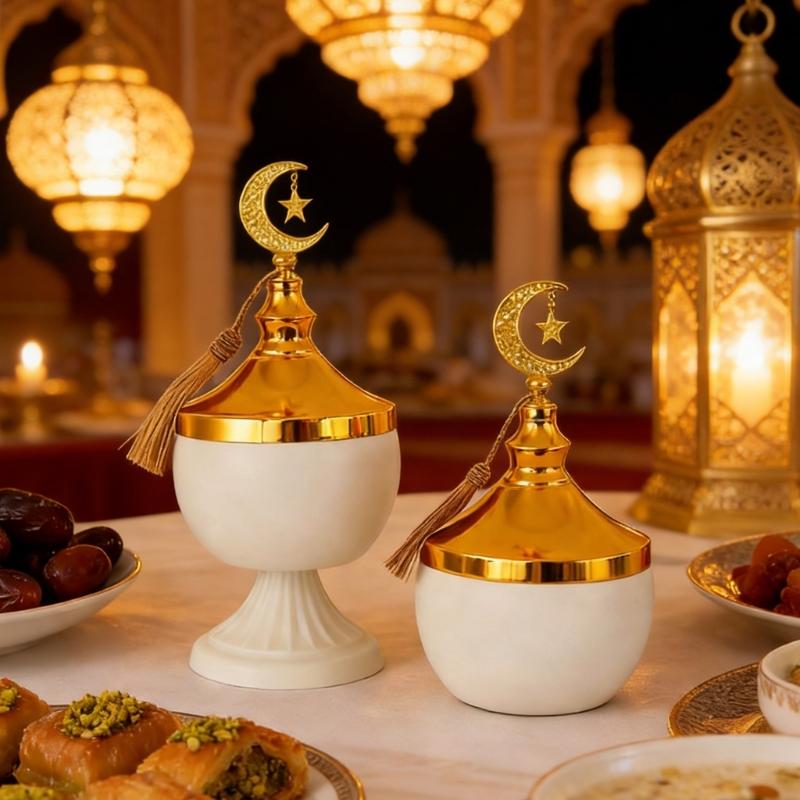 Decorative Ramadans Metal Candy Dish with Lid Islamic Party Tray For Seasonal Displays And Everyday Storage Purposes