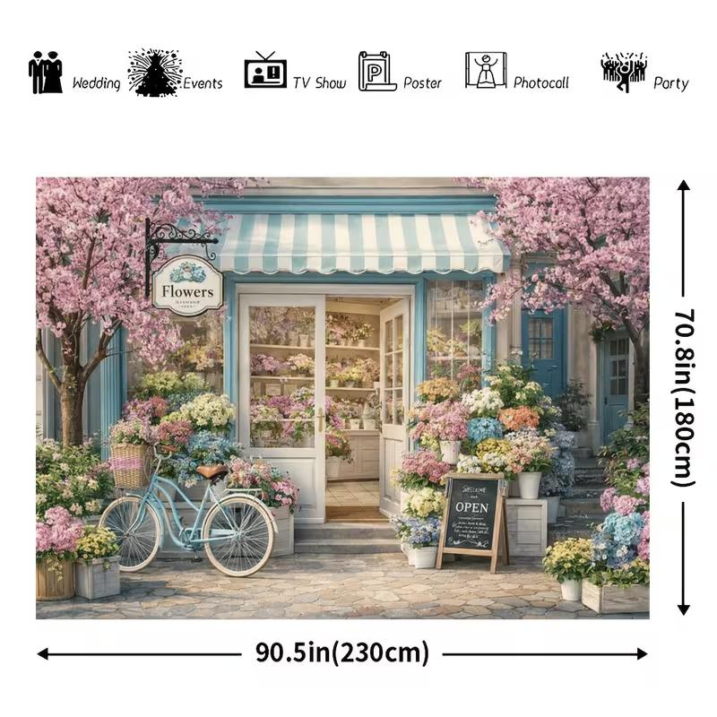 2D Florist Shop Backdrop, Blue Bicycle and Cherry Blossoms Party Photo Booth Banner