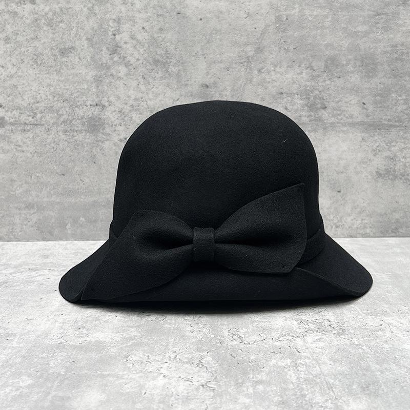 

Haute Couture Top Hat Hepburn Style Elegant Bow Temperament Fisherman Woman French Retro Small Face M（56-58cm） чорний