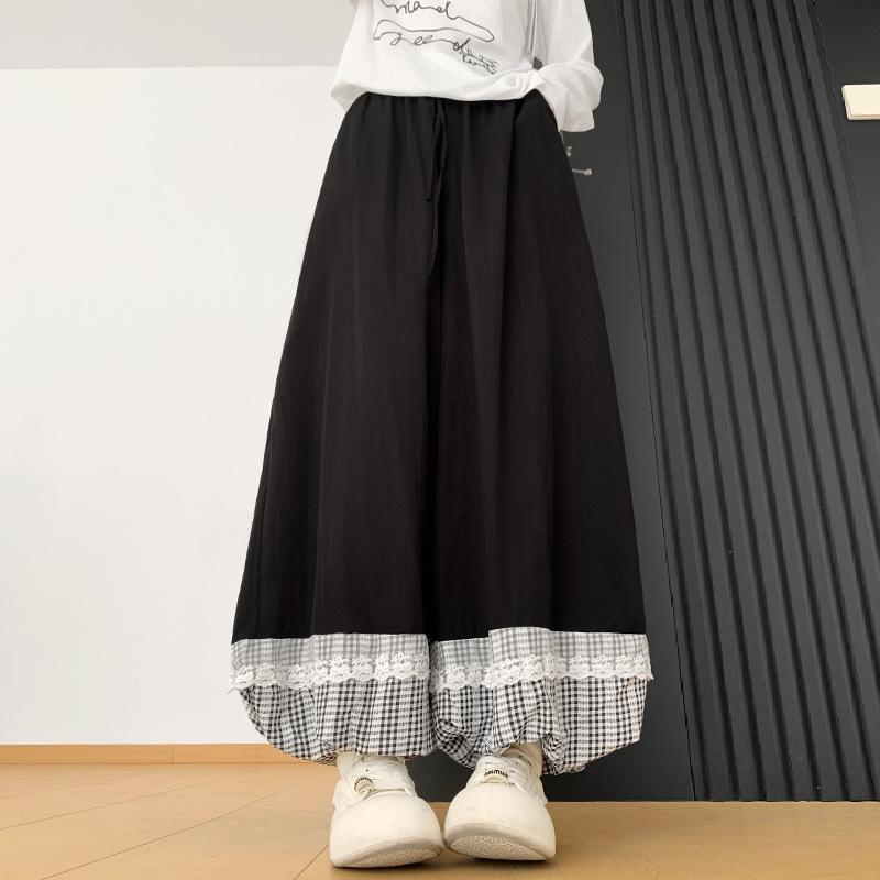Lace Patchwork Lantern Pants - Spring/Summer Academy Style, Ice Silk, Wide-Leg Skirt Pants, Slimming Bud-Shaped Design.