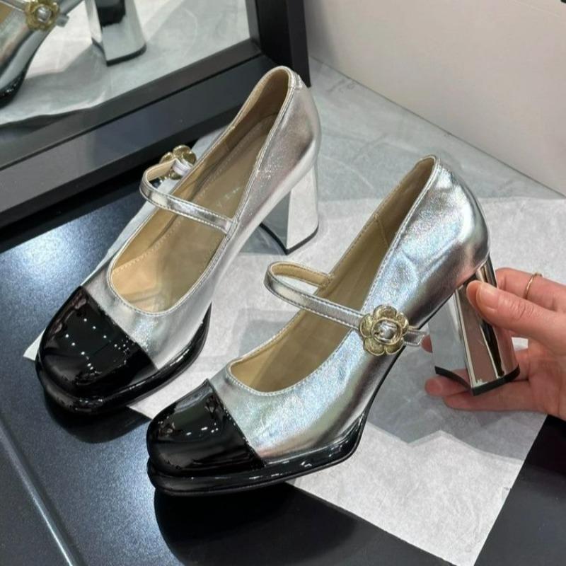 Fashion Summer New Coarse Heel Shoes Women Fashion Round Head Shallow Mouth Splicing Metal Buckle Anti-slip Wear-resistant High Heels