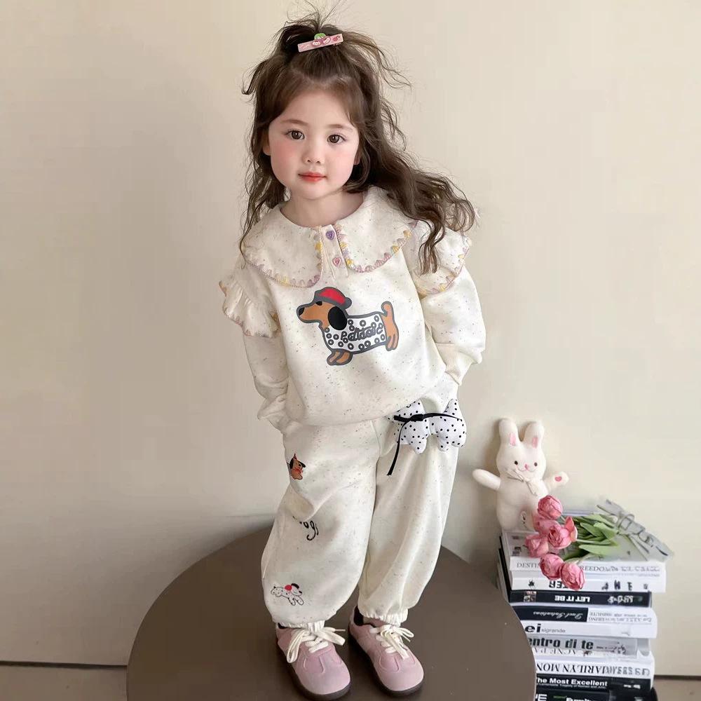 Girls Spring Autumn Dachshund Print Sweet Collar Sweatshirt and Pants Set