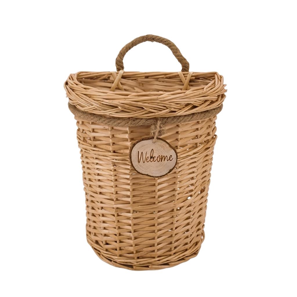 Wicker Hanging Basket with Handle and Lid Natural Woven Storage Container for Indoor Outdoor Use Rustic Style Wall Mounted Organizer