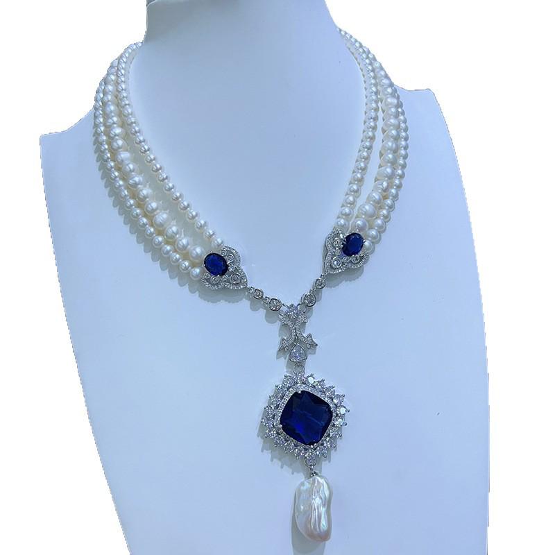 Sapphire Zirconia & Pearl Multi-Layer Necklace