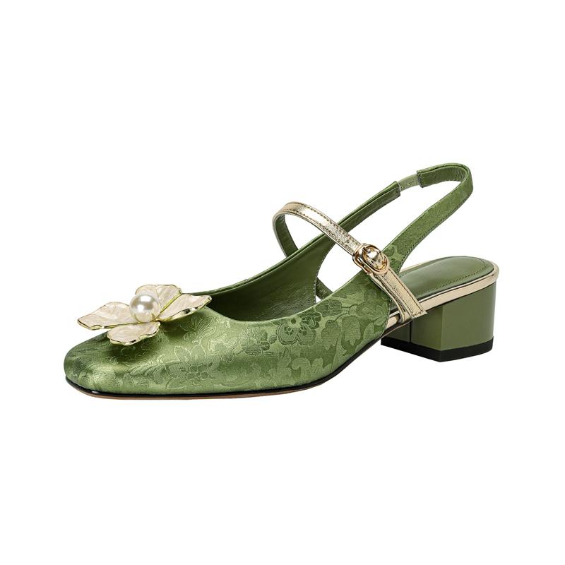 Fashion Women's New Spring/Summer Square Headed Genuine Leather Silk Cowhide Magnolia Multi Pearl Mid Heel Large Headed Muller Sandals