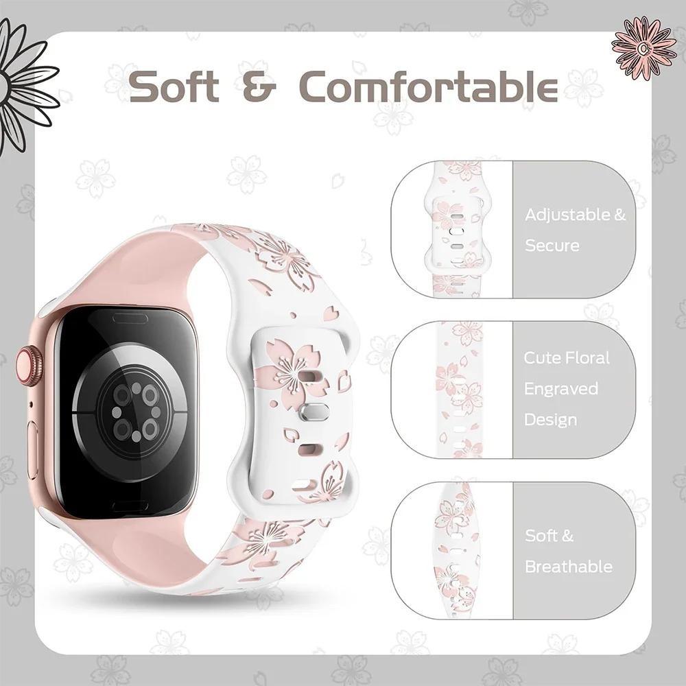 Silicone Band Engraved Floral Strap for Apple Watch 38mm 40mm 41mm 42mm 45mm 46mm 49mm iWatch Series 11 10 9 8 7 6 5 4 3 2 1 Se